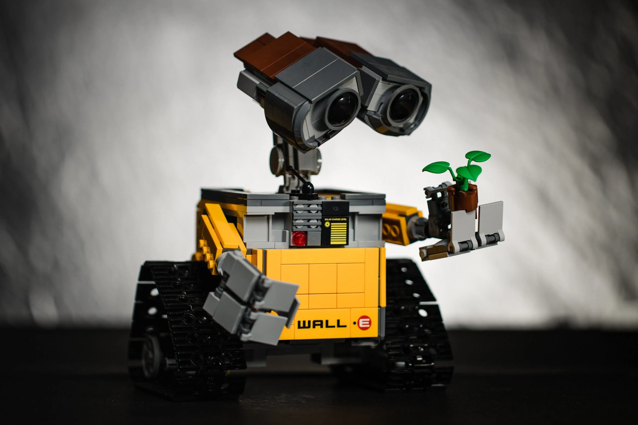 wall-e looking at a plant