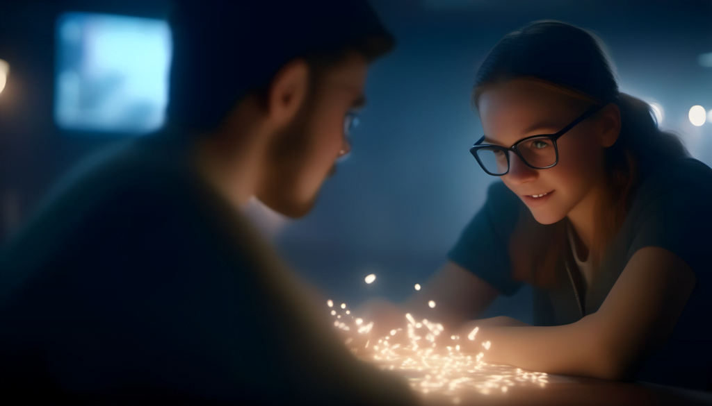 young people looking at something sparkling