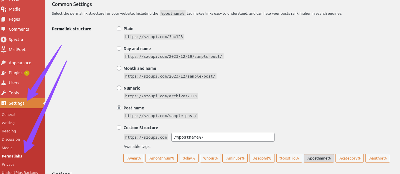 Screenshot of Permalink Settings in WordPress