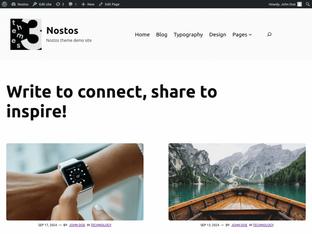 Preview of Nostos WordPress theme page with white background, large heading and two images