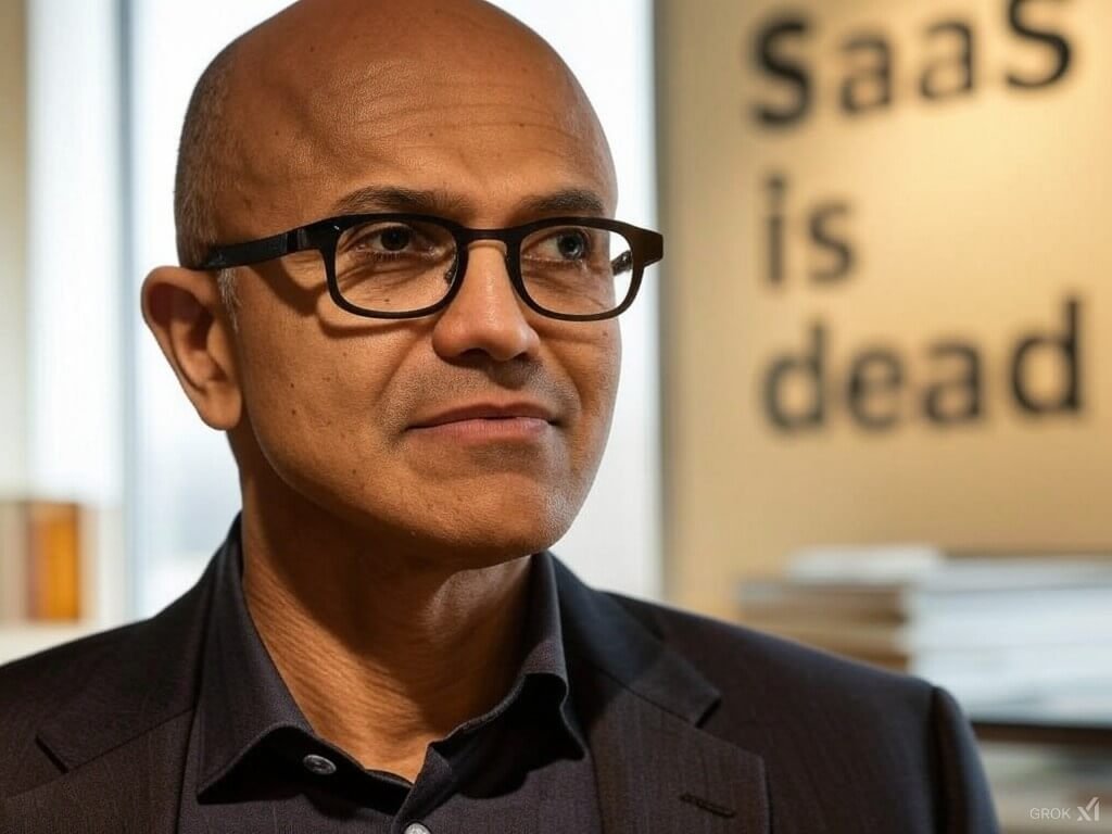 Image of Satya Nadella in a suit with a bold, colorful text overlay stating 'SaaS is dead' in vibrant colors